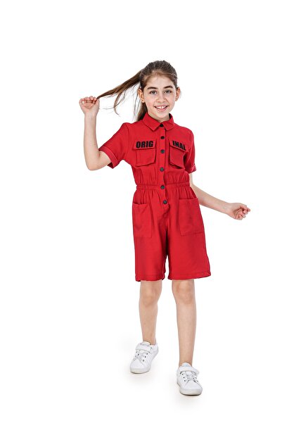 Smile Kids Kız Çocuk Bordo Baskılı Cep Kapaklı Kısa Çıtçıtlı Tulum