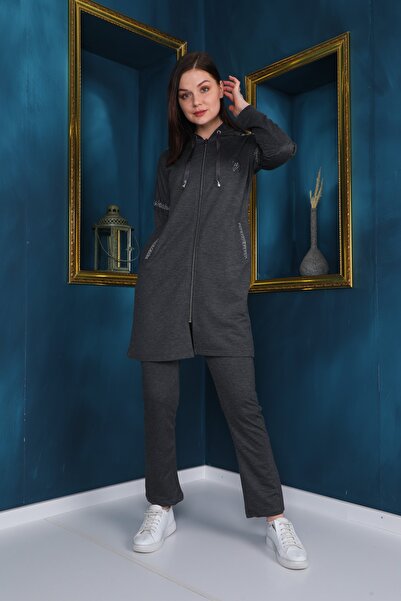 WestBound Kadın Taş Detaylı Fermuarlı Kapüşonlu Tesettür Eşofman Takım