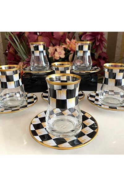 panayır El Dekoru Dama İşlemeli Çay Cam Bardağı Seti 6 Kişilik 12 Parça