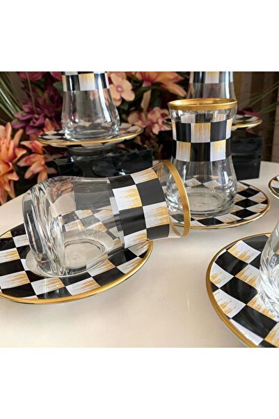 panayır El Dekoru Dama İşlemeli Çay Cam Bardağı Seti 6 Kişilik 12 Parça