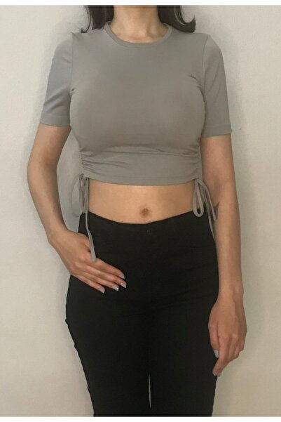 Bomenti Life Women's Gray Lycra Side Gathered Crop Crew Neck Short Sleeve T-S...