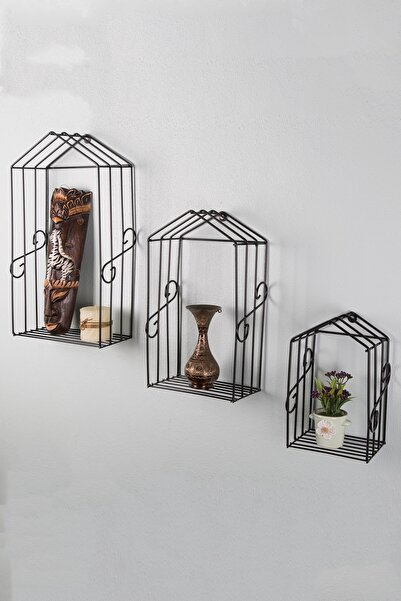 Hedicaret Yuva Üçlü Duvar Rafı Dekoratif Kitaplık Metal Siyah Ferforje Tel Raf