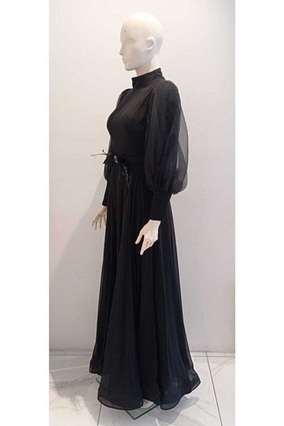 Hennin Women's Puffy Sleeve Belted Flared Cut Evening Dress
