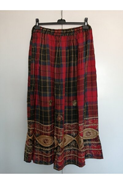 Butik Tülin Otantik Viskon Kırmızı Lacivert Ekose Nakışlı Etek