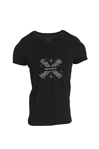 Raf Coll Tricou unisex negru cu decolteu în V, slim fit, imprimat digital