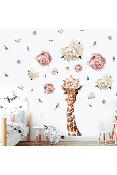 Tilki Dünyası Giraffe And Flowers Modern Wall Sticker