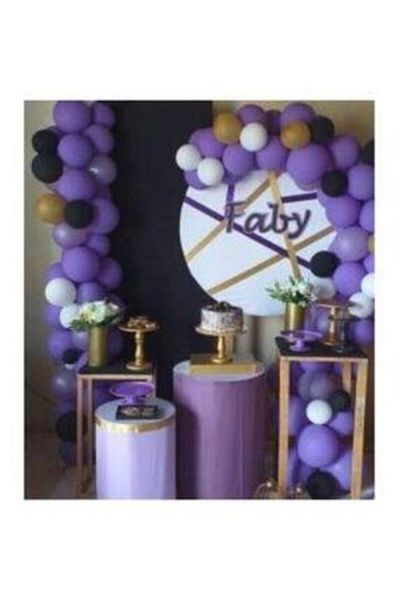 MERİ PARTİ 100 Pieces Special Day Purple Gold Black White Balloon Chain