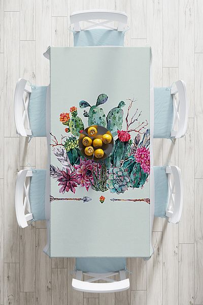 Realhomes Față de masă imprimată digital cu model de săgeți și cactus pe fundal colorat