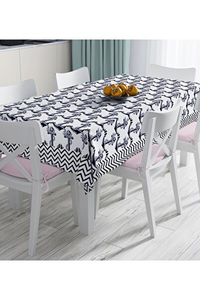 Realhomes Digital Printed Tablecloth with Geometric Drawings and Anchor Pattern on White Background