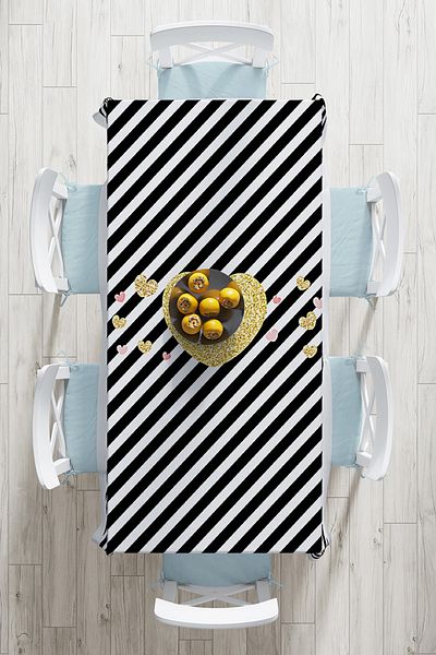 Realhomes Gold Detailed Heart Pattern Digital Printed Tablecloth with Black Horizontal Stripes on White Background