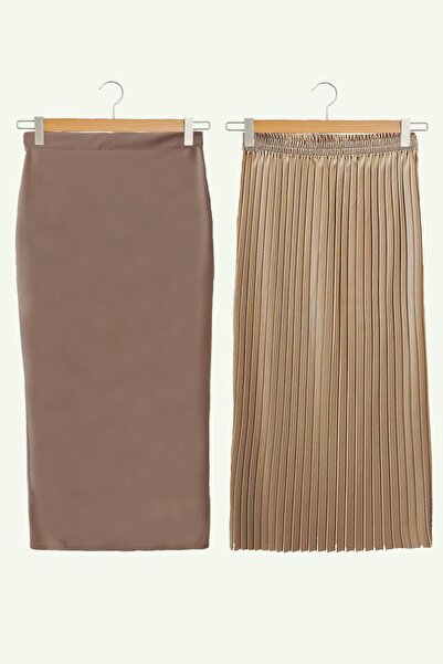 Essah Moda Kadın Bej Kalem Etek - Gri Torba Etek