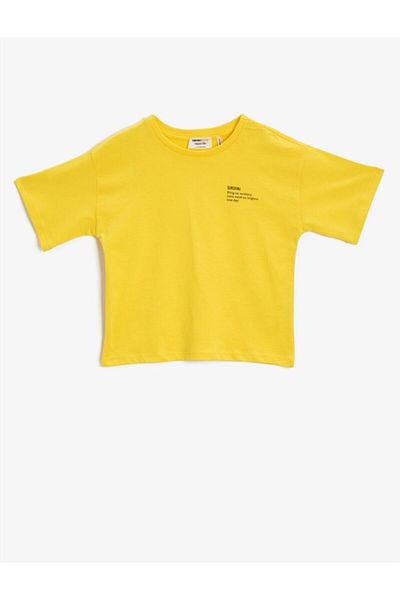 Koton Girl's Yellow Printed T-Shirt Crew Neck Short Sleeve Cotton