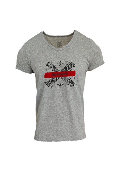 Raf Coll Сірий меланж V-подібний комір Unisex Slim Fit цифровий принт футболка