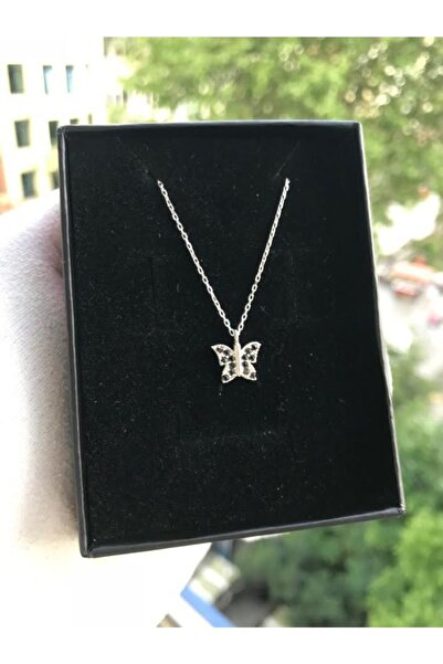 Bilsen Store Kadın 925 Ayar Gümüş Siyah Zirkon Taşlı Kelebek Kolye