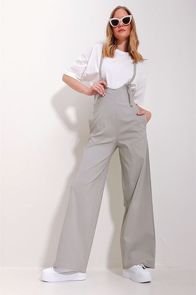 Trend Alaçatı Stili Damen-Jumpsuit aus Lycra mit Riemchen und zwei Taschen in Stein ALC-X11539