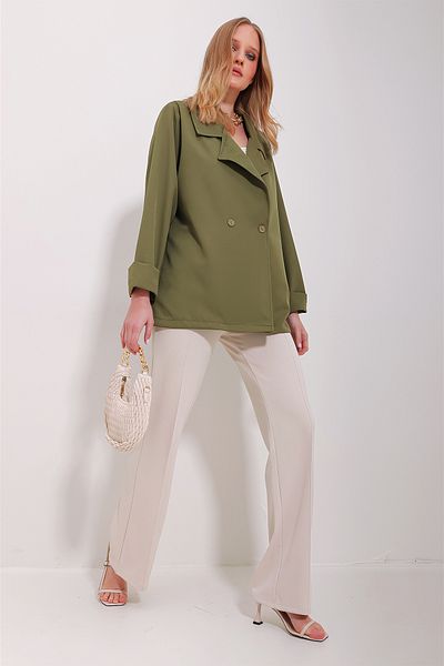 Trend Alaçatı Stili Women's Khaki Double Breasted Collar Buttoned Double Sleeve Atlas Jacket ALC-X11536