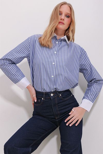 Trend Alaçatı Stili Women's Blue Collar and Cuff Garnished Striped Woven Oversize Shirt ALC-X11499
