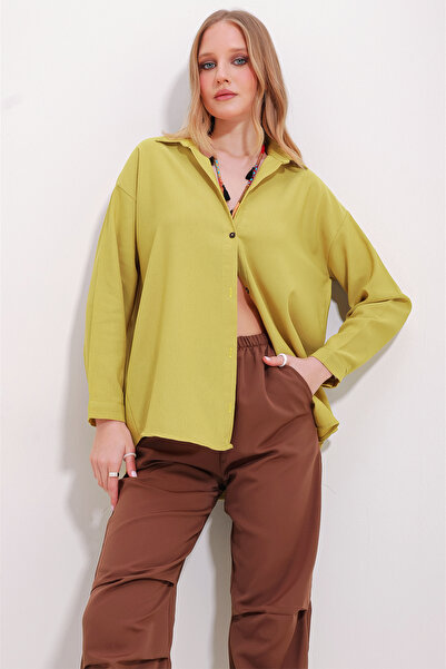 Trend Alaçatı Stili Kadın Hardal Oversize Keten Gömlek ALC-X10343