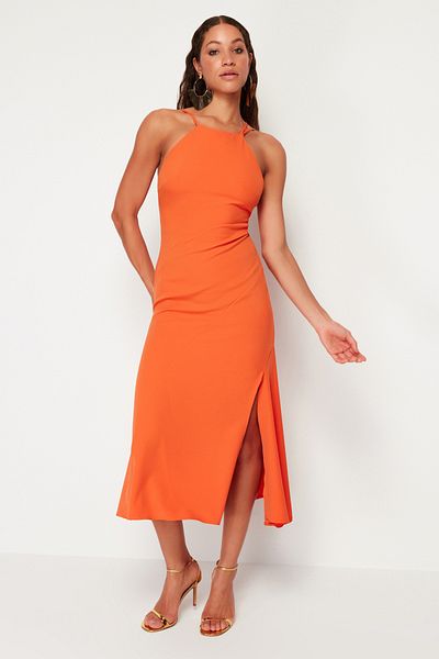 Trendyol Collection Orangefarbenes, gewebtes, gewebtes Abendkleid mit Schnürung am Rücken, Nachtabendkleid TPRSS24EL00077