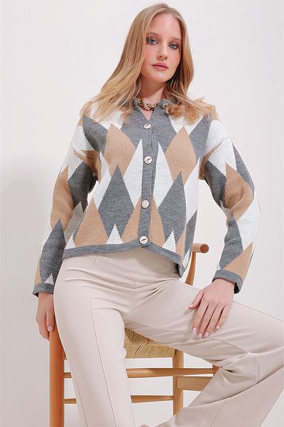 Trend Alaçatı Stili Women's Gray Ecru Patterned Knit Cardigan ALC-X11519