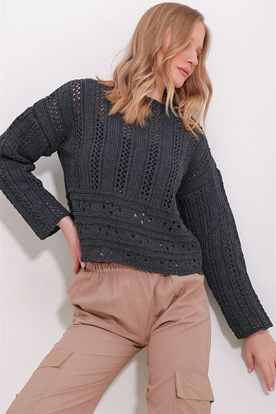 Trend Alaçatı Stili Women's Anthracite Boat Neck Openwork Knitwear Sweater ALC-X11521