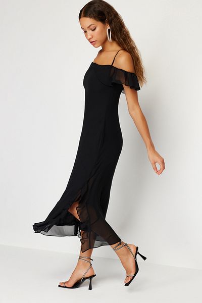 Trendyol Collection Black Chiffon Flounce Evening Dress - TPRSS24EL00076