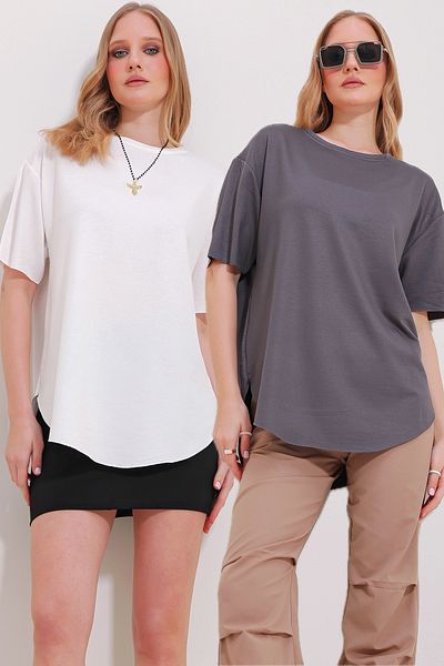 Trend Alaçatı Stili Women's White Anthracite Crew Neck 2 Pack Oval Cut Modal T-Shirt ALC-X11544