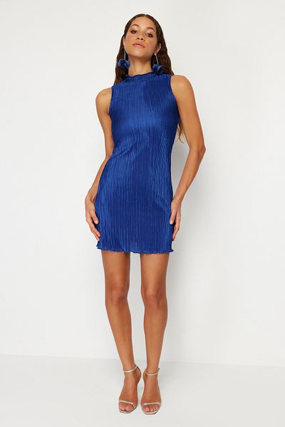 Trendyol Collection Rochie de seară scurtă și elegantă, tricotată, cu căptușeală în linie A Saks, rochie de absolvire de noapte
