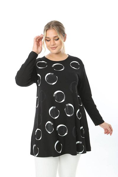 Butik Ayseba Women's Black Jewelled Patterned Slit Long Sleeve Large Size Blouse Tunic