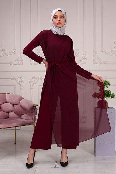 hacer ayaydın Chiffon Women's Long Jumpsuit Dress with Mobile Belt