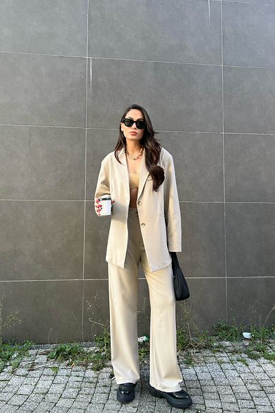 Seda Yalçın Atelier Beige Palazzo Trousers with Pleated Front