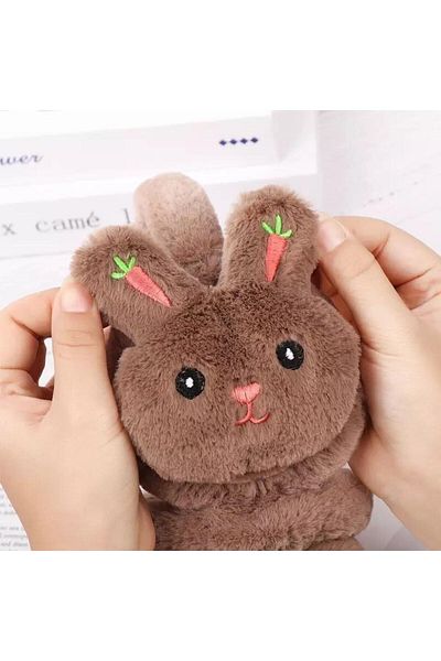 QUEEN AKSESUAR Cute Fluffy Furry Plush Cashmere Toy Rabbit Headset Children Brown