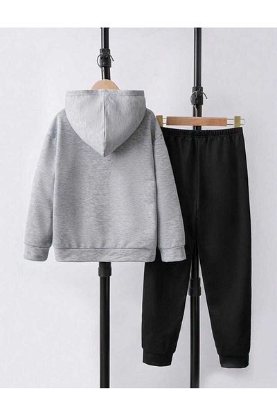 Denim Iconic طقم بدلة رياضية للأولاد والبنات بطبعة ذئب باللون الرمادي والأسود