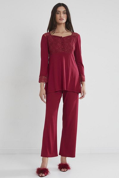 Pierre Cardin Combed Cotton Lace Maternity Pajama Set - 1241 Claret Red