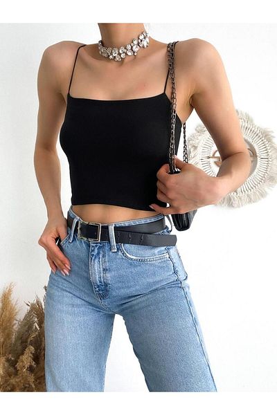 MsLena Butik Women's Rope Strap Cotton Lycra Short Crop Blouse with Chest Lining Athlete Black