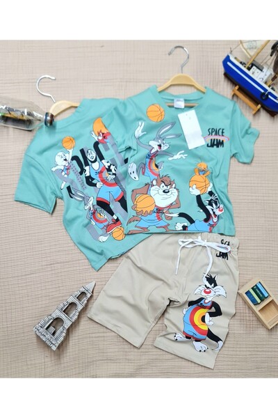BUUFUU Space Jam Heroes Two Sided Printed Kids Shorts-T-Shirt Set