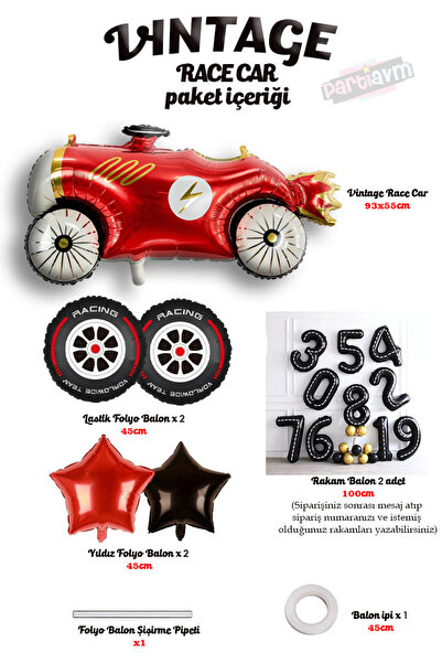 PARTİAVM Vintage Race Car Set Cars Race Car Birthday Balloon Red Car Full Set...