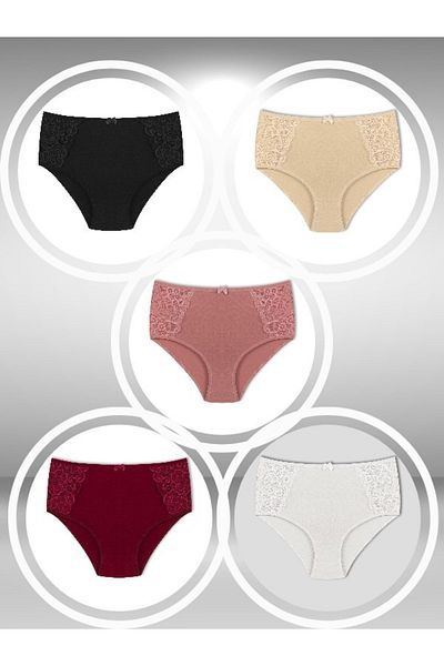 ŞahTan High Waist Large Size Side Lace Detailed Cotton 5 Pack Bato Women's Panties