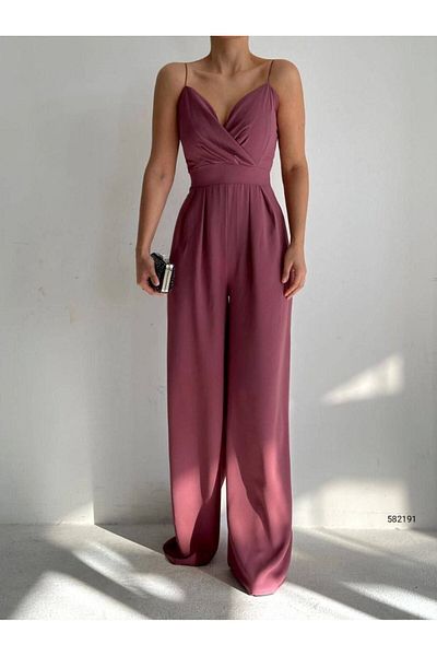 ORZUQLIFE Crepe Fabric Strappy Double Breasted Collar Evening Dress Jumpsuit