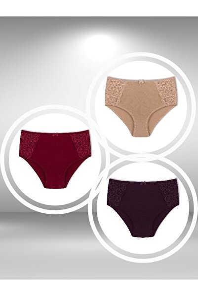 ŞahTan High Waist Large Size Side Lace Detailed Cotton 3 Pack Bato Women's Panties