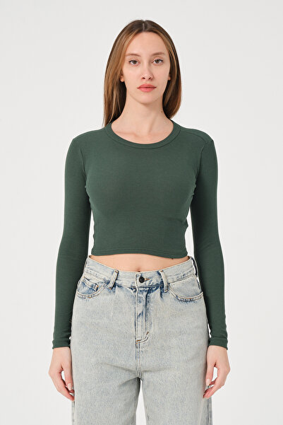 PUNKY CAT Women's Petrol Green Long Sleeve Ribbed Blouse Crop Knitted T-Shirt