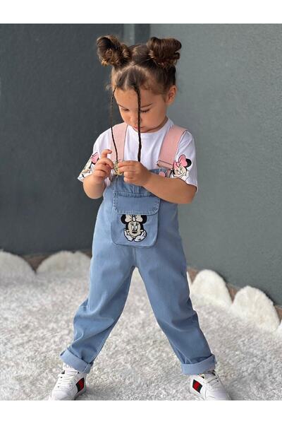 Pink Hippo Kids Minnie Mouse Nakış Detaylı Çocuk Kot Salopet Ve Kolları Baskılı T-shirt