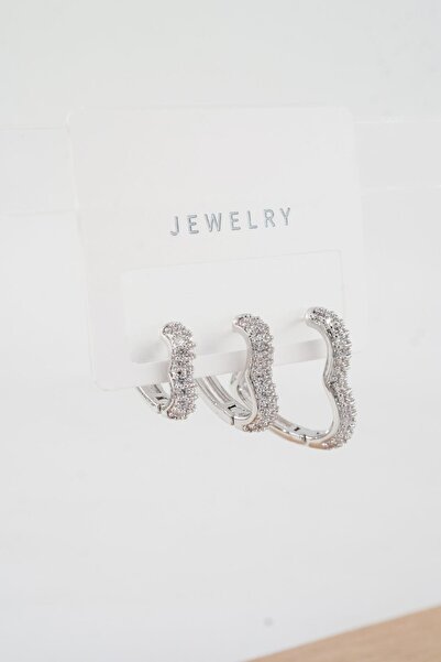 By Zeyna Aksesuar Kadın Vip Seri Özel Tasarım Baget Zirkon Taşlı 3'lü Küpe Seti