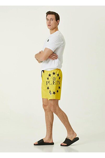 Philipp Plein Sport Pantaloni scurți de baie galbeni cu logo-ul pe talie