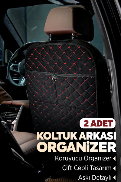 TORPEDO Tay Tüyü Kapitone Oto Koltuk Arkası Koruyucu Organizer - Araç İçi Organizeri Siyah-Kırmızı 2 Adet