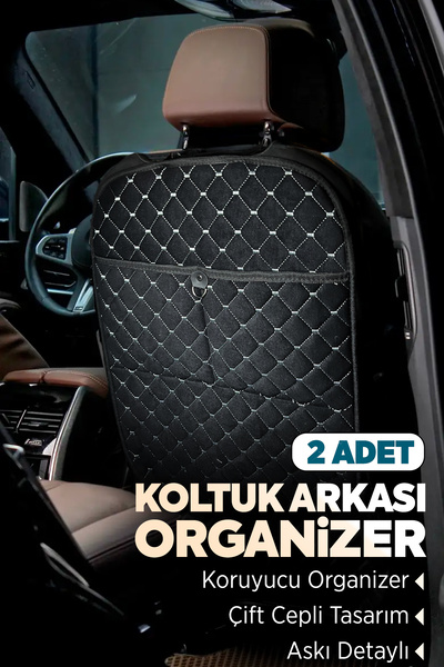 TORPEDO Tay Tüyü Kapitone Oto Koltuk Arkası Koruyucu Organizer - Araç İçi Organizeri Siyah-Beyaz 2 Adet