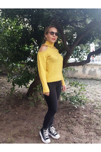 Azra Moda Style Pulover de tricotat de culoare muștar cu detaliu pe umăr, cu ...