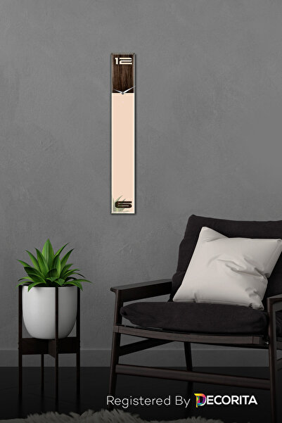 Decorita Cam Duvar Saati | Fütüristik Cam Saat | Ahşap Krem Fon | 10cm x 70cm