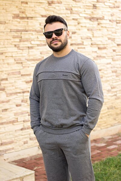 Azıcık Akıllı Σετ ανδρικής φόρμας Battal Large Size Dark Grey Thick Sweat - 21eestbakt