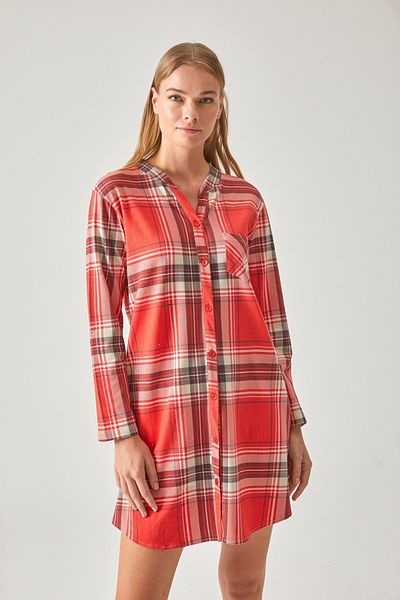 Pamuk & Pamuk RED PLAID COLLAR BUTTONED NIGHTWEAR